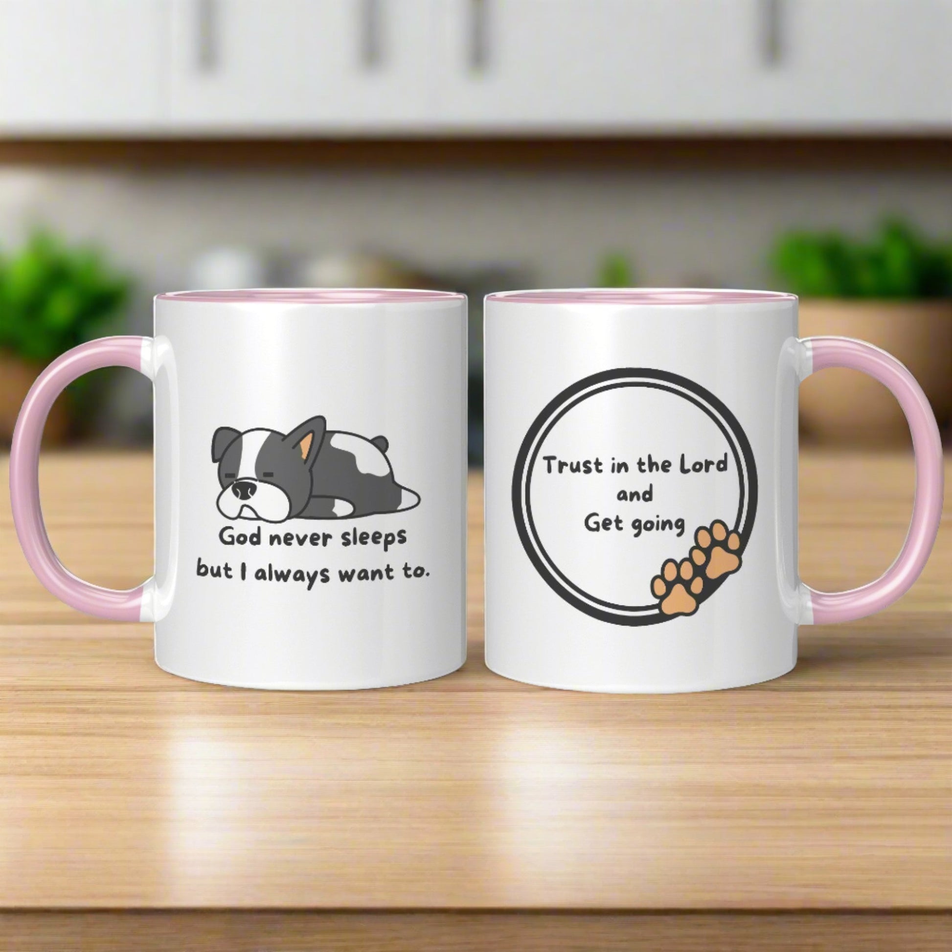 11oz ’God never sleeps but I always want to’ White Mug inside color schemes - Pink - Mug