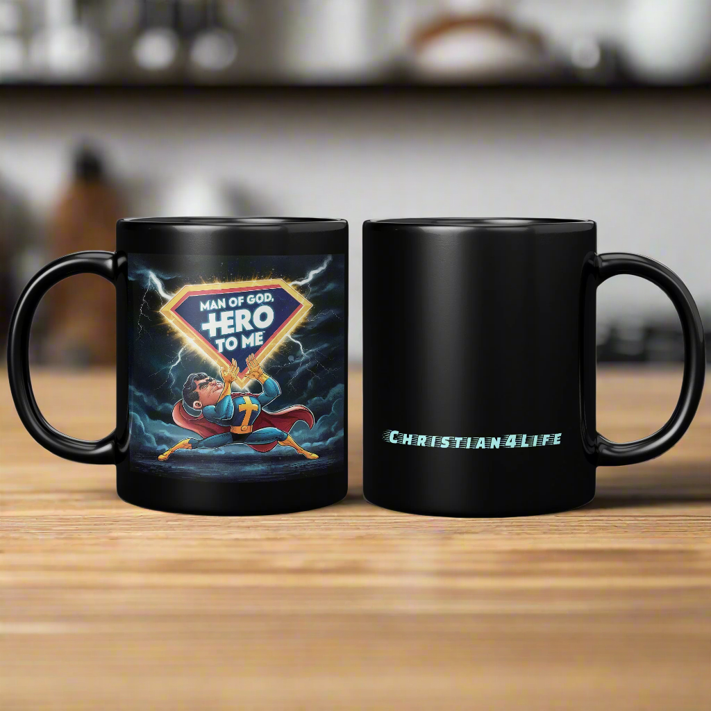 Christian4Life Superhero 11oz Black Mug - ’Man of God Hero to Me’ Christian Mug - Black - Mug