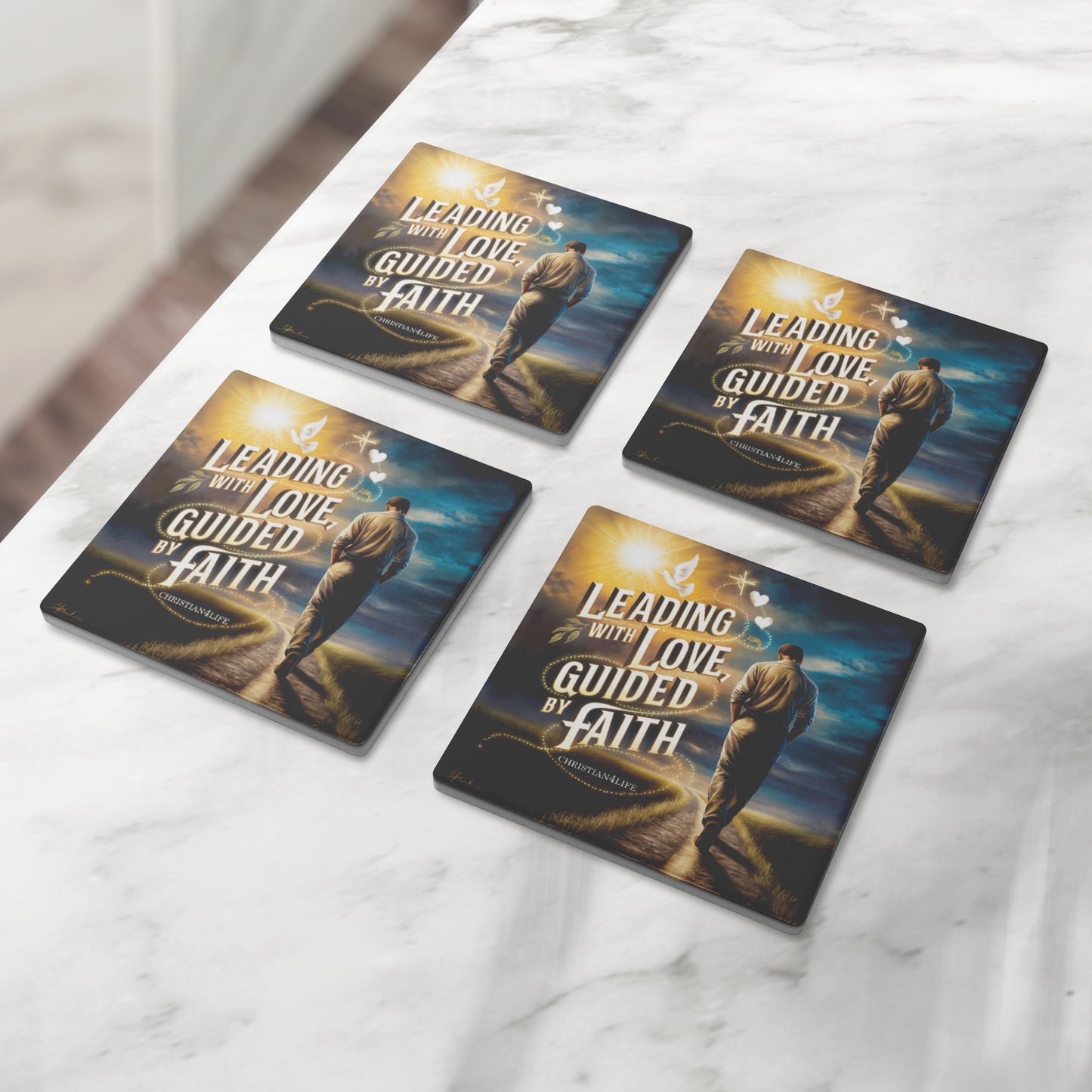Christian coasters (4) ’Leading with Love Guided by Faith’ - Square - Home Goods
