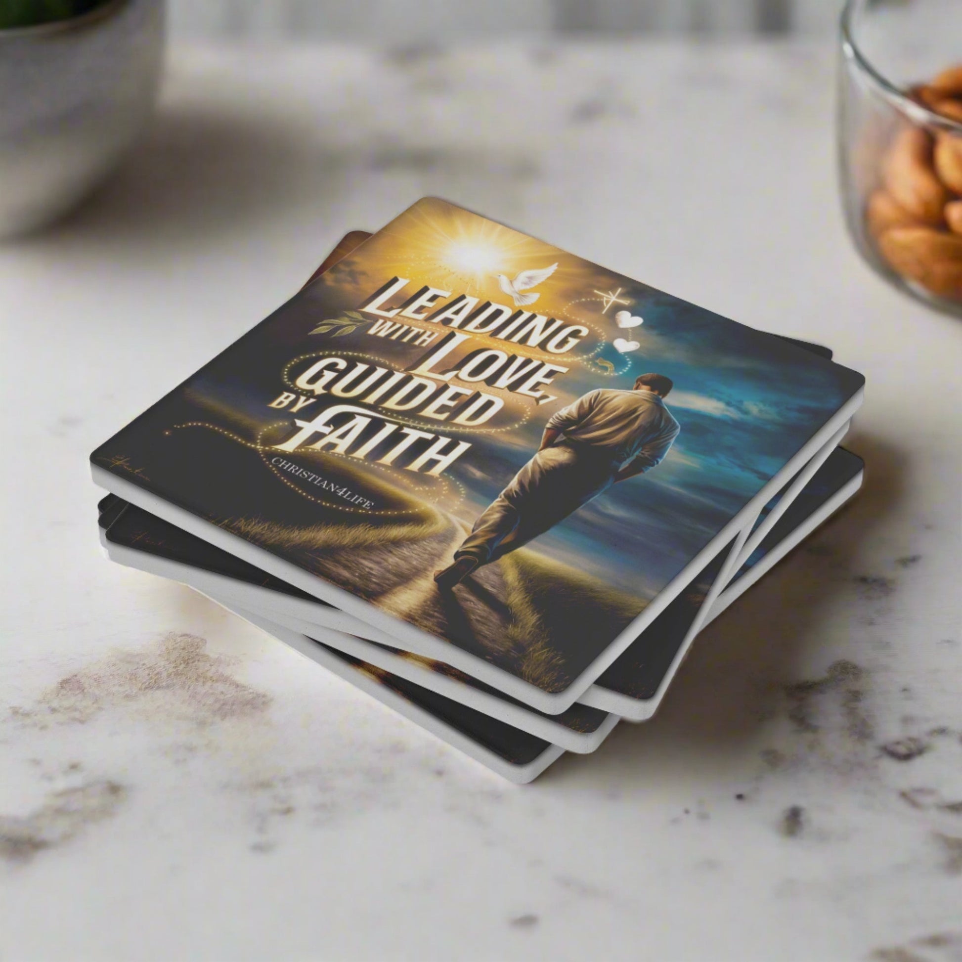 Christian coasters (4) ’Leading with Love Guided by Faith’ - Square - Home Goods
