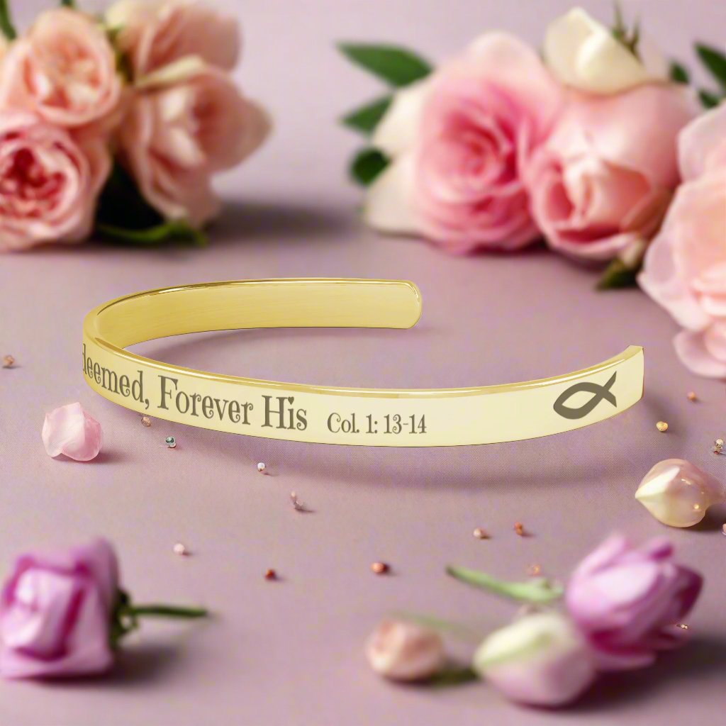 Christian cuff bracelet - ’Saved Redeemed Forever His’ - Jewelry