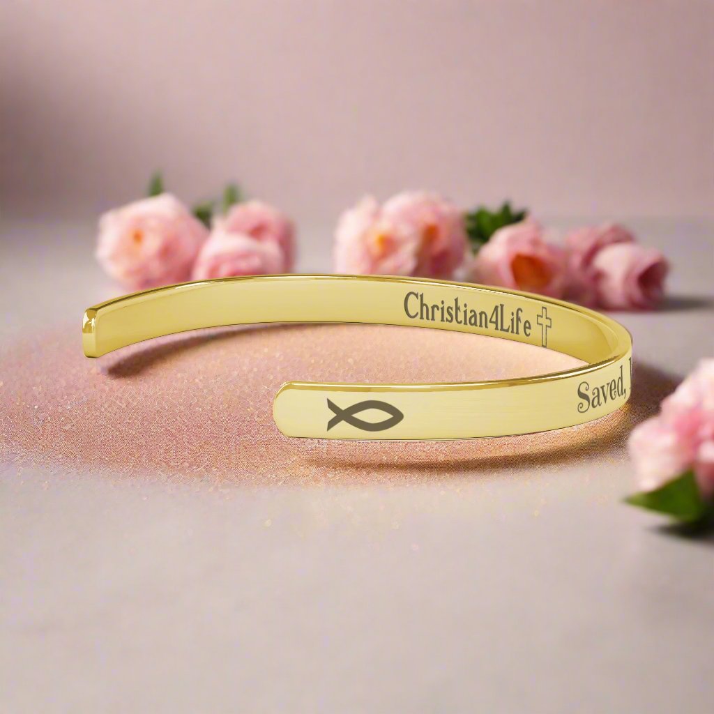 Christian cuff bracelet - ’Saved Redeemed Forever His’ - Jewelry