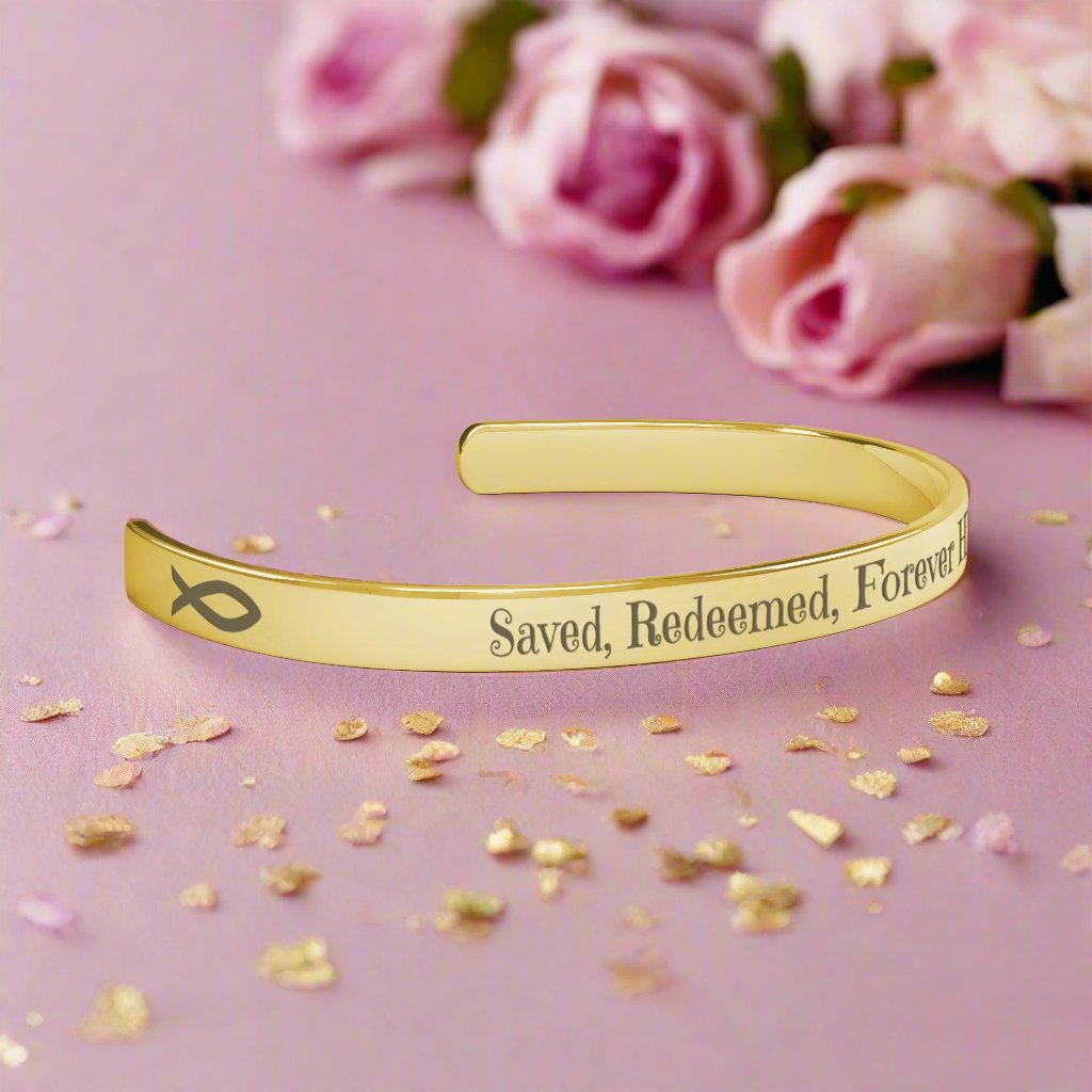 Christian cuff bracelet - ’Saved Redeemed Forever His’ - Jewelry