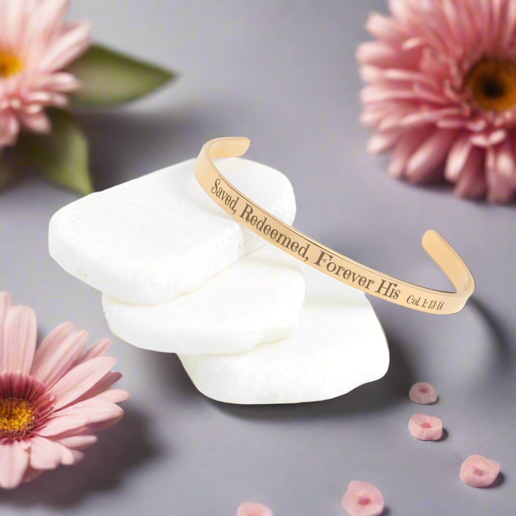 Christian cuff bracelet - ’Saved Redeemed Forever His’ - Rose Gold - Jewelry