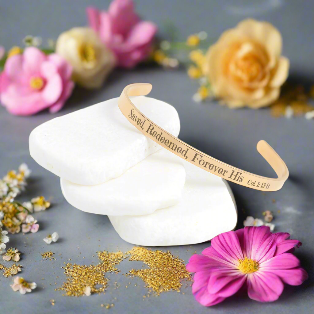Christian cuff bracelet - ’Saved Redeemed Forever His’ - Jewelry