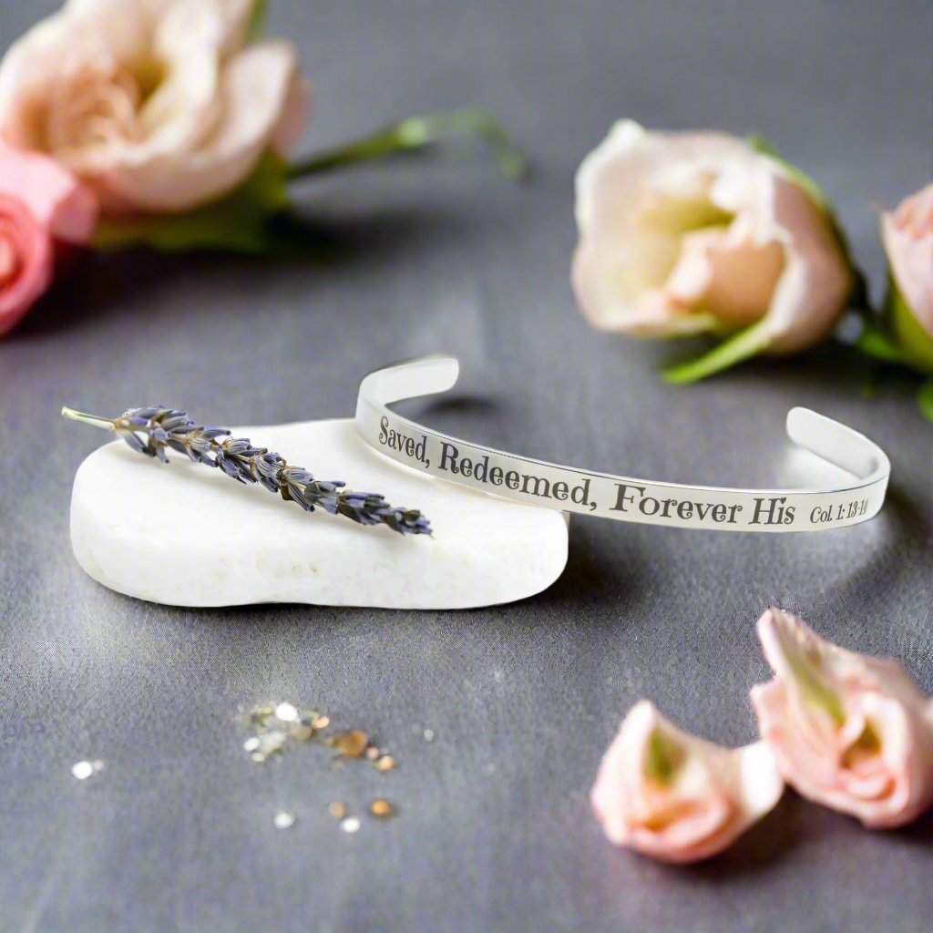 Christian cuff bracelet - ’Saved Redeemed Forever His’ - Jewelry