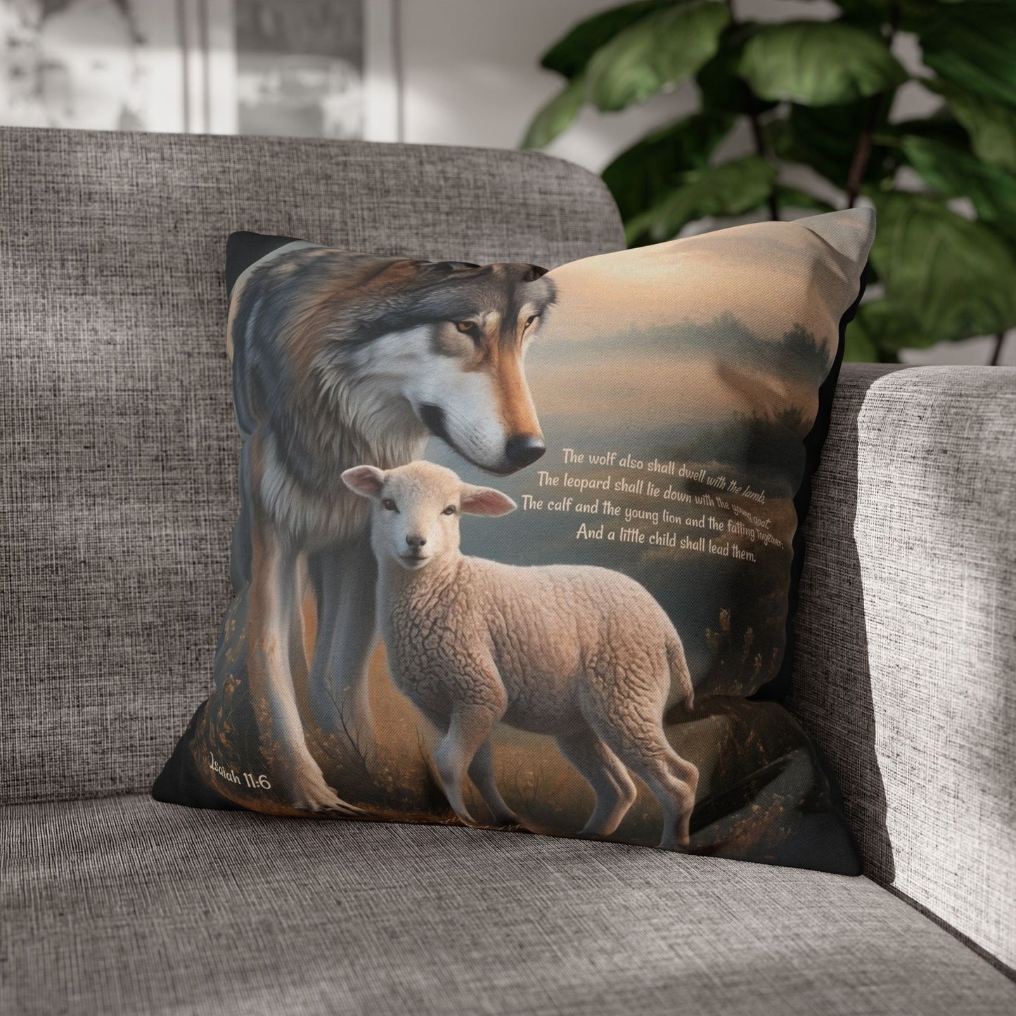 Wolf and Sheep Bible Verse Spun Polyester Square Pillowcase (multiple sizes) - Home Decor