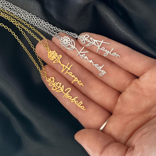 Personalized Flower Necklace (Custom name and 12 Birth Flowers) - Jewelry