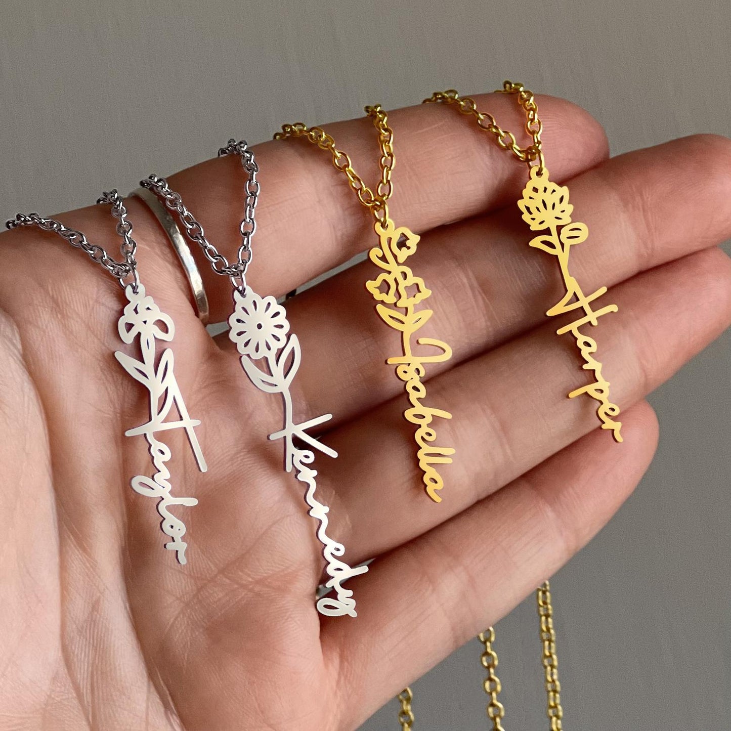 Personalized Flower Necklace (Custom name and 12 Birth Flowers) - Jewelry