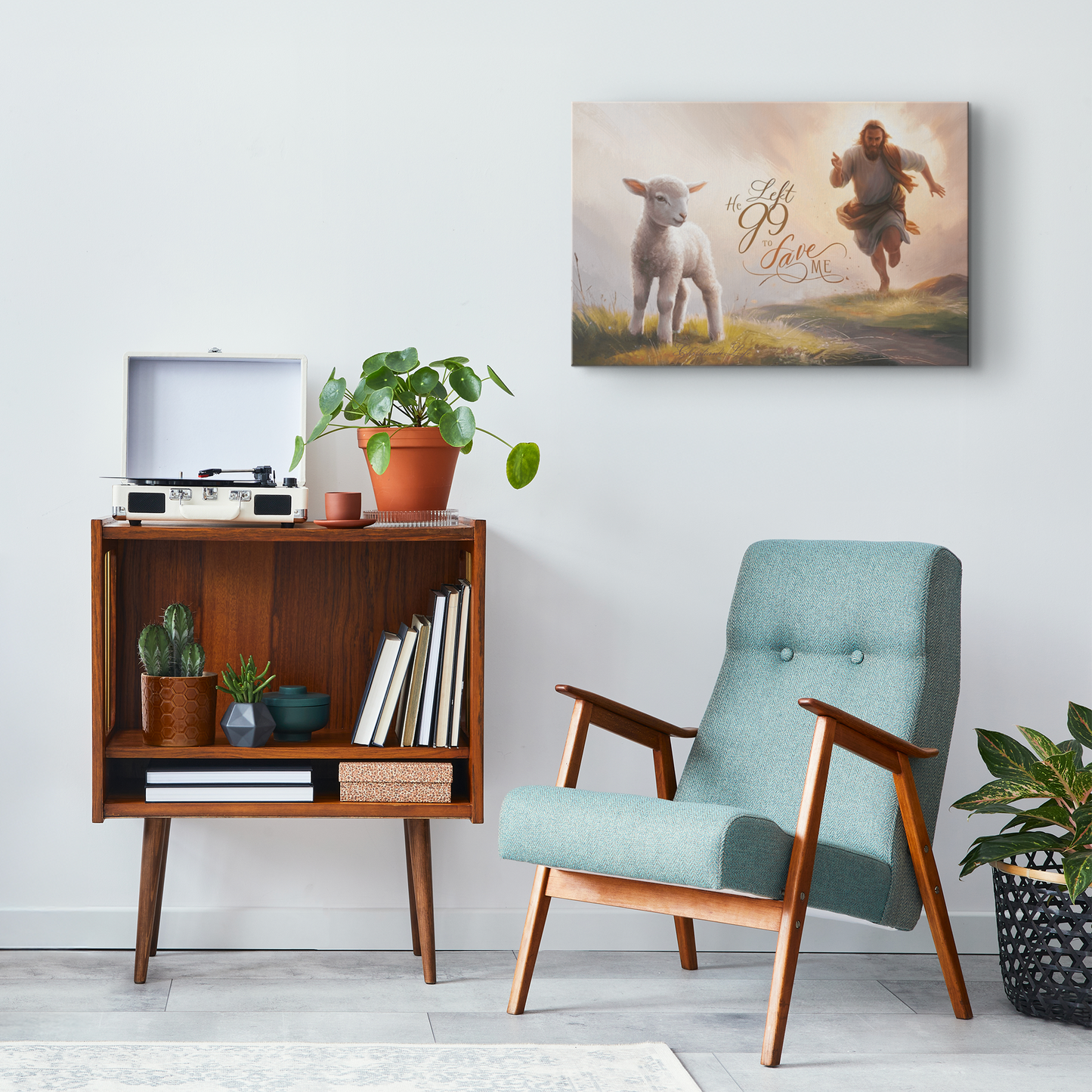 "He Left 99 to Save Me" Oil Style Gallery Wrapped Christian Wall Art Canvas (3:2)