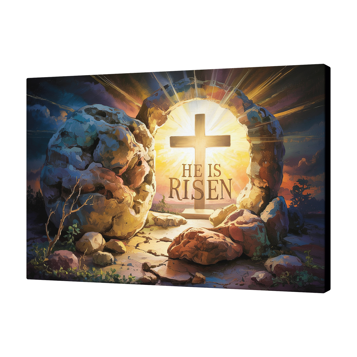 "He is Risen" - Open Tomb and Cross, Christian Gallery Wrapped Canvas, Easter Wall Art Print