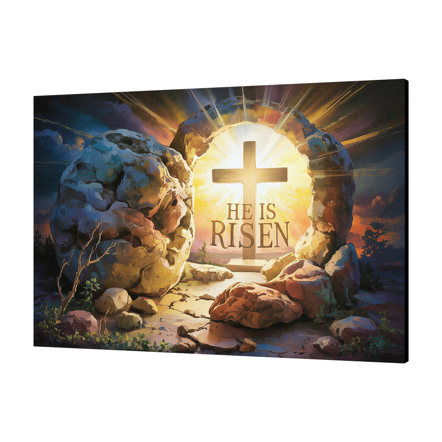 "He is Risen" - Open Tomb and Cross, Christian Gallery Wrapped Canvas, Easter Wall Art Print