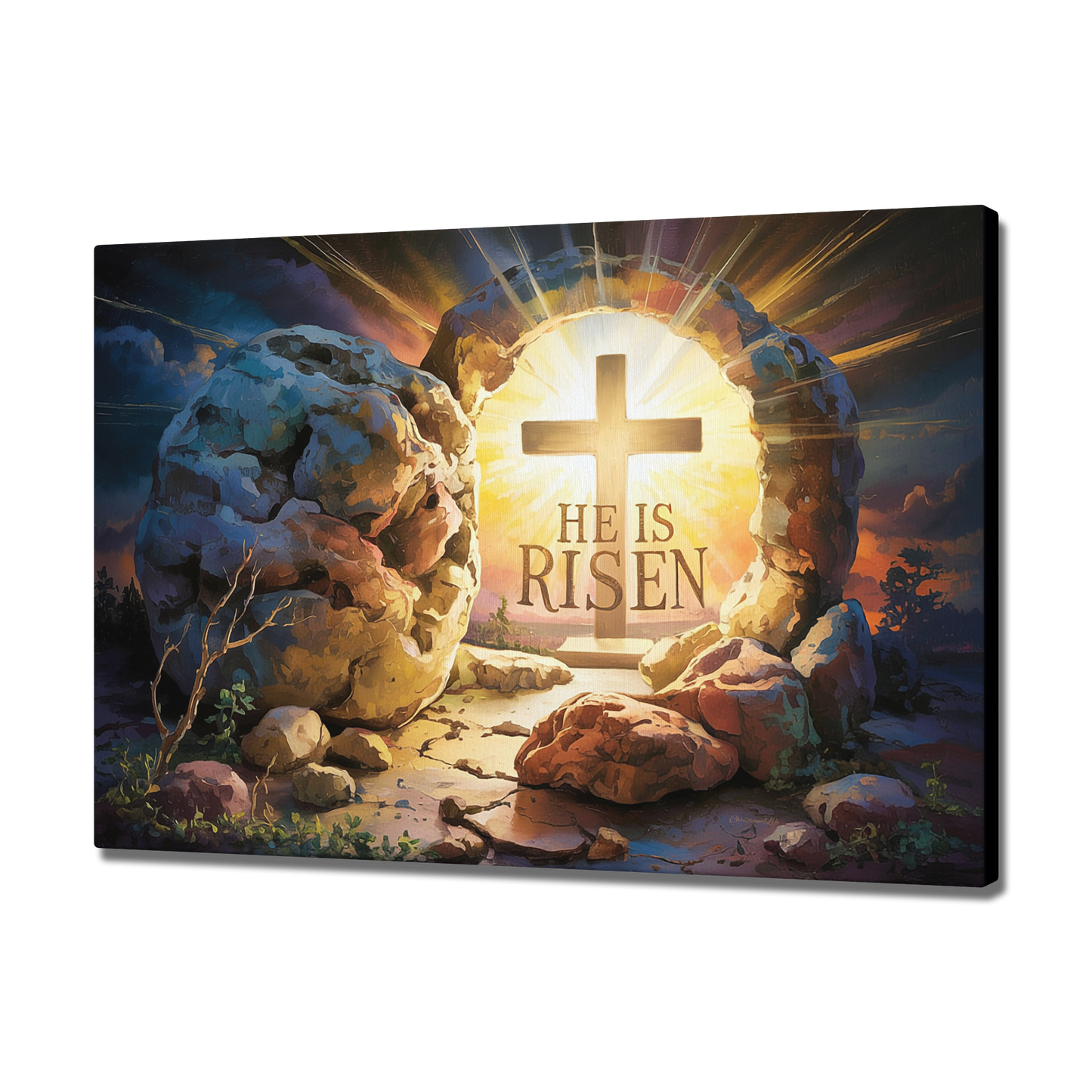 "He is Risen" - Open Tomb and Cross, Christian Gallery Wrapped Canvas, Easter Wall Art Print