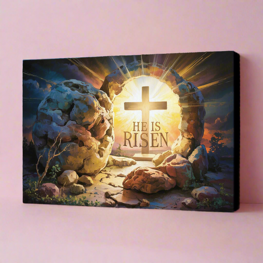 "He is Risen" - Open Tomb and Cross, Christian Gallery Wrapped Canvas, Easter Wall Art Print