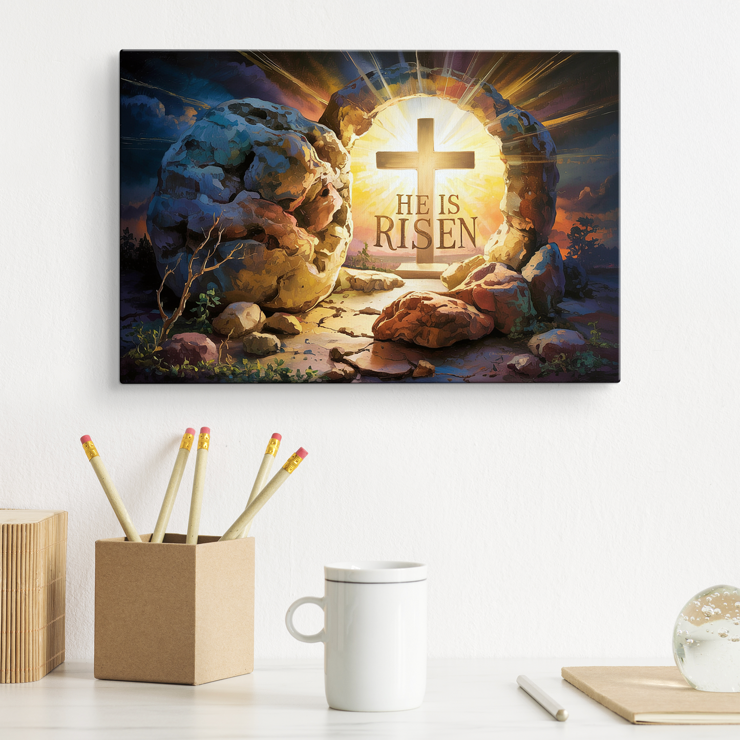 "He is Risen" - Open Tomb and Cross, Christian Gallery Wrapped Canvas, Easter Wall Art Print