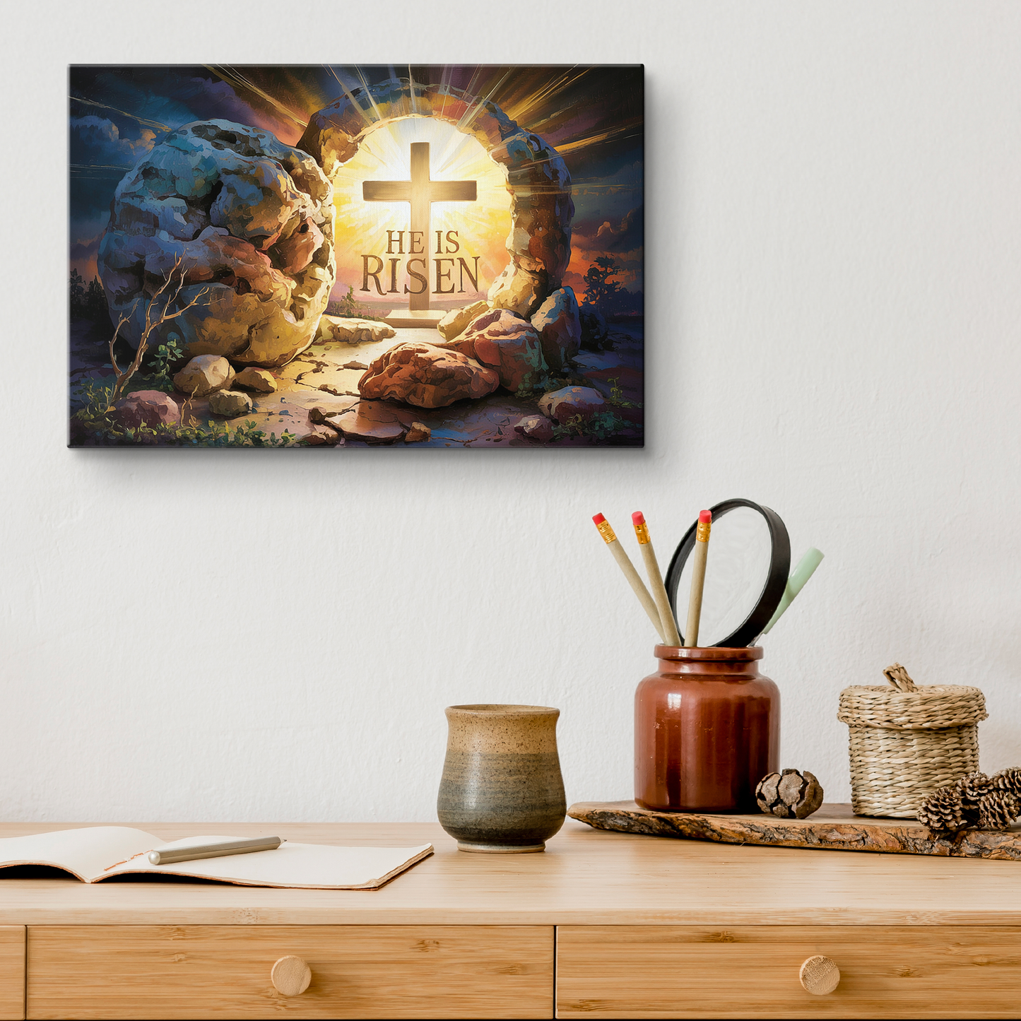 "He is Risen" - Open Tomb and Cross, Christian Gallery Wrapped Canvas, Easter Wall Art Print