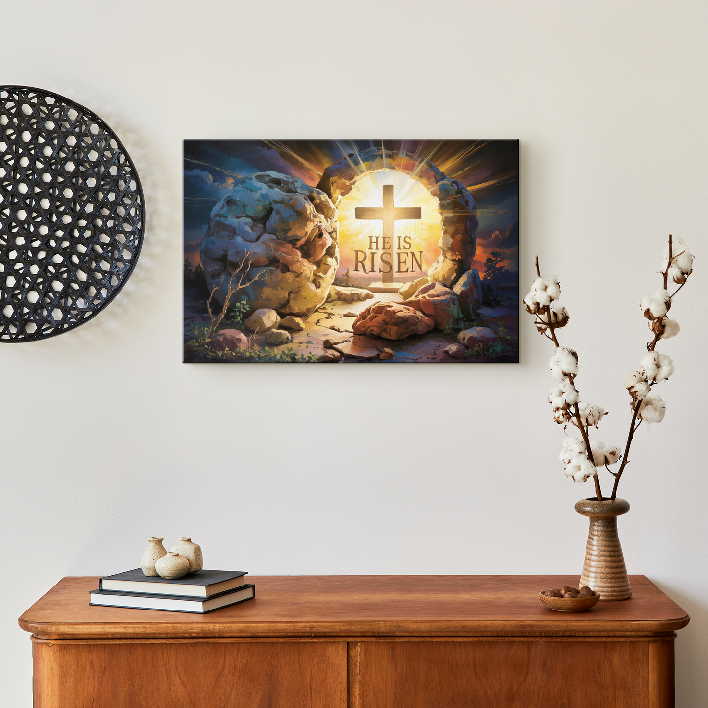 "He is Risen" - Open Tomb and Cross, Christian Gallery Wrapped Canvas, Easter Wall Art Print