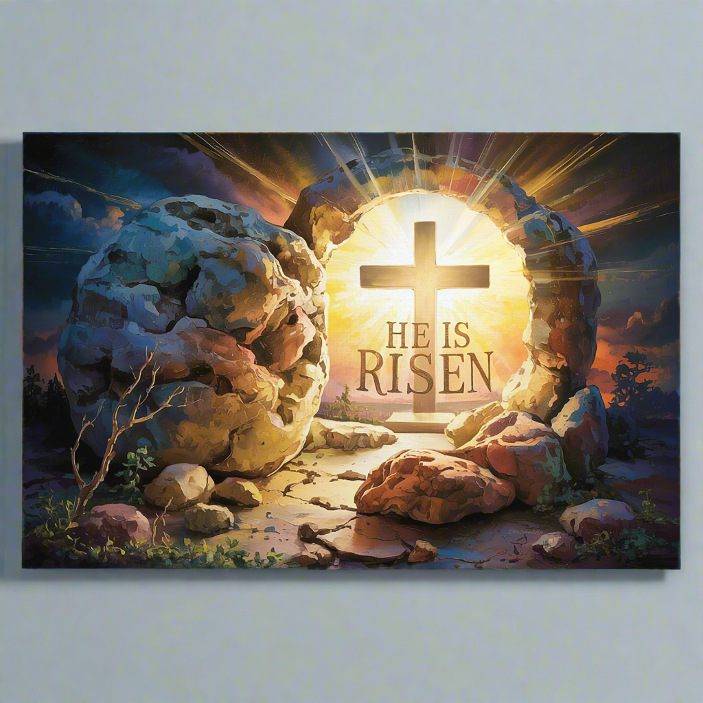 "He is Risen" - Open Tomb and Cross, Christian Gallery Wrapped Canvas, Easter Wall Art Print