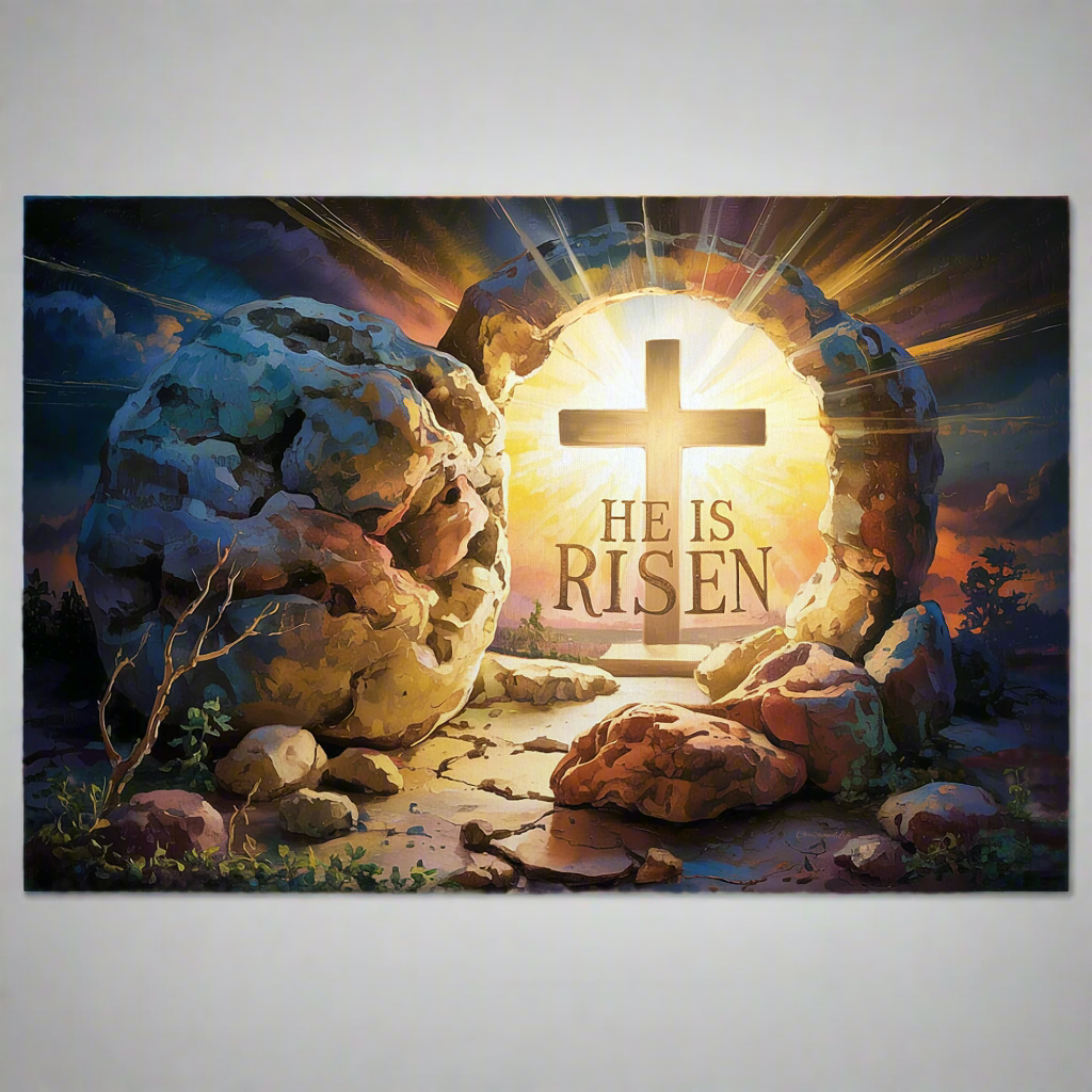 "He is Risen" - Open Tomb and Cross, Christian Gallery Wrapped Canvas, Easter Wall Art Print