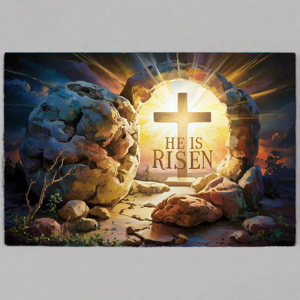 "He is Risen" - Open Tomb and Cross, Christian Gallery Wrapped Canvas, Easter Wall Art Print