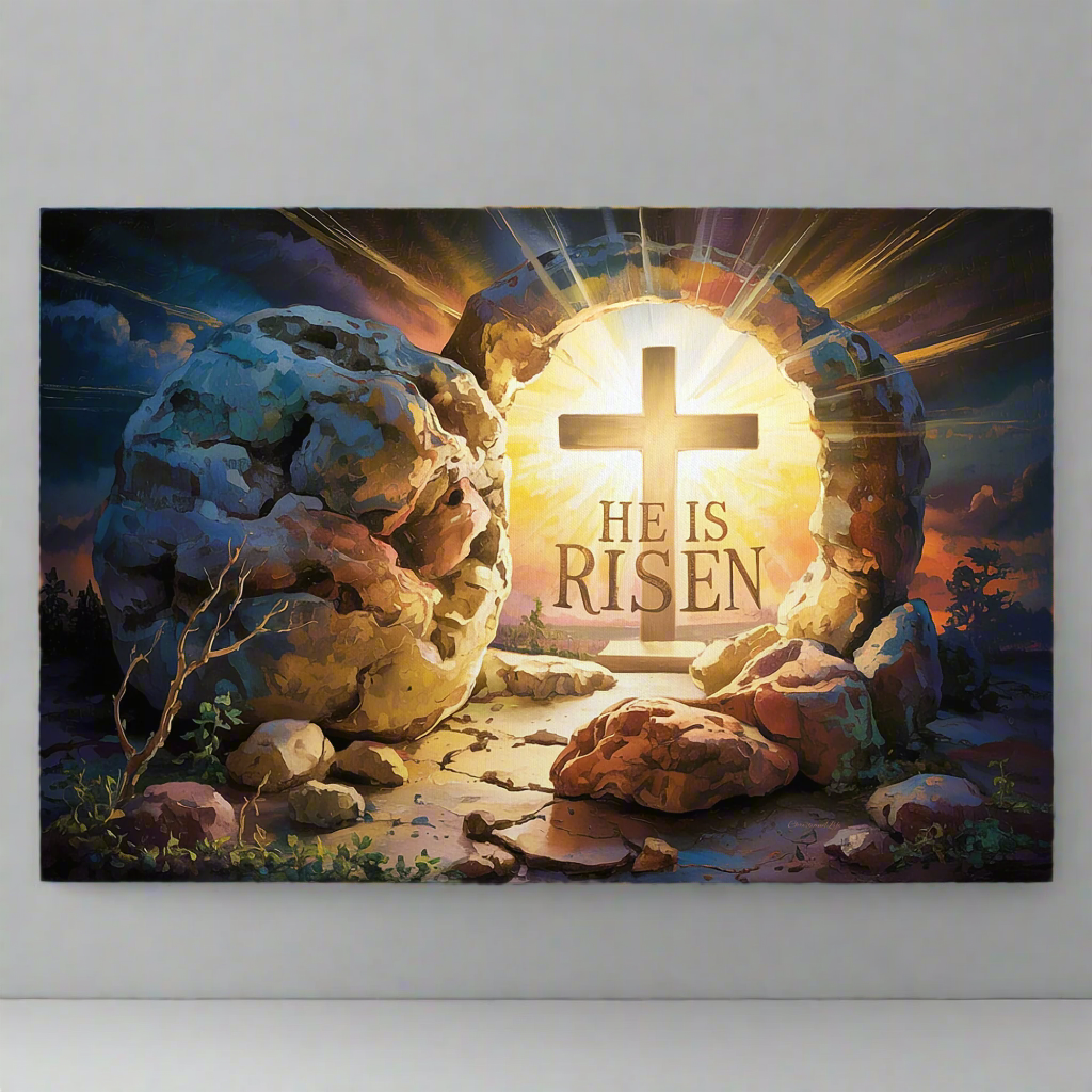 "He is Risen" - Open Tomb and Cross, Christian Gallery Wrapped Canvas, Easter Wall Art Print