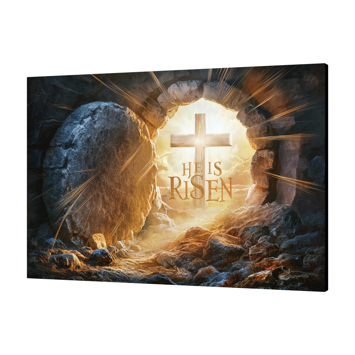 "He is Risen" -Open Tomb and Cross, Christian Gallery Wrapped Canvas, Easter Wall Art