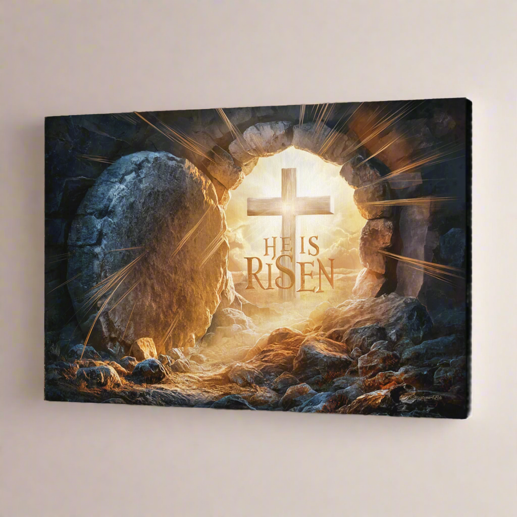 "He is Risen" -Open Tomb and Cross, Christian Gallery Wrapped Canvas, Easter Wall Art