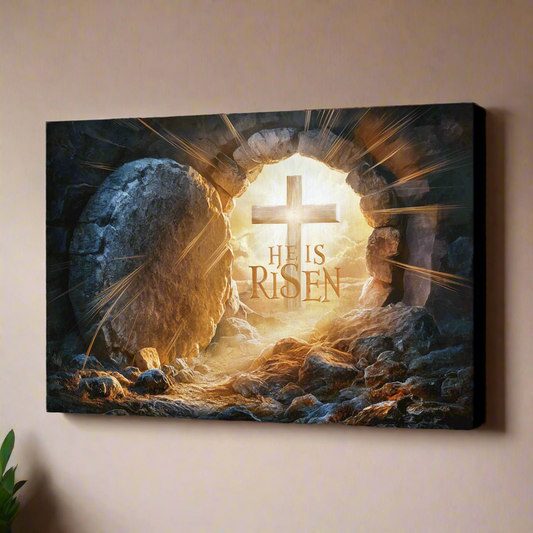 "He is Risen" -Open Tomb and Cross, Christian Gallery Wrapped Canvas, Easter Wall Art