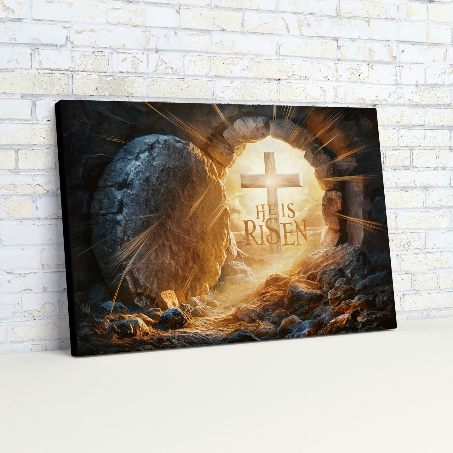 "He is Risen" -Open Tomb and Cross, Christian Gallery Wrapped Canvas, Easter Wall Art
