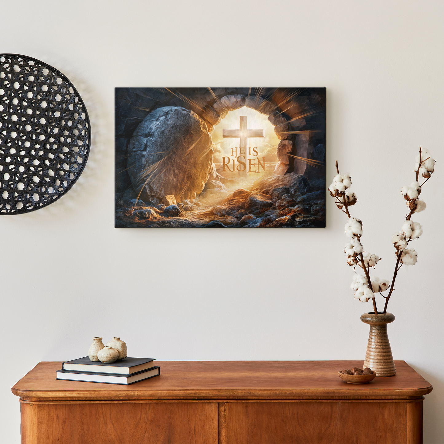 "He is Risen" -Open Tomb and Cross, Christian Gallery Wrapped Canvas, Easter Wall Art