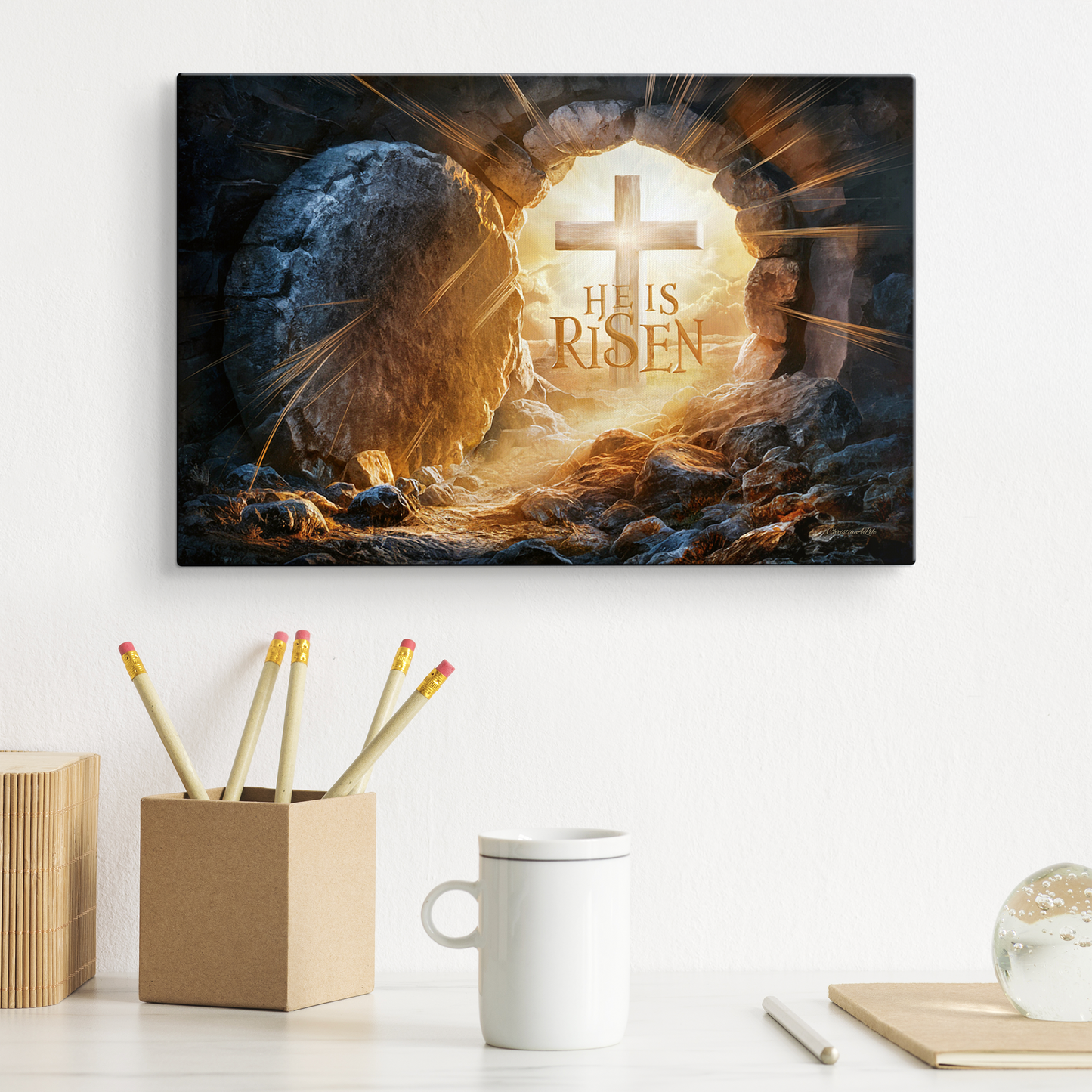 "He is Risen" -Open Tomb and Cross, Christian Gallery Wrapped Canvas, Easter Wall Art