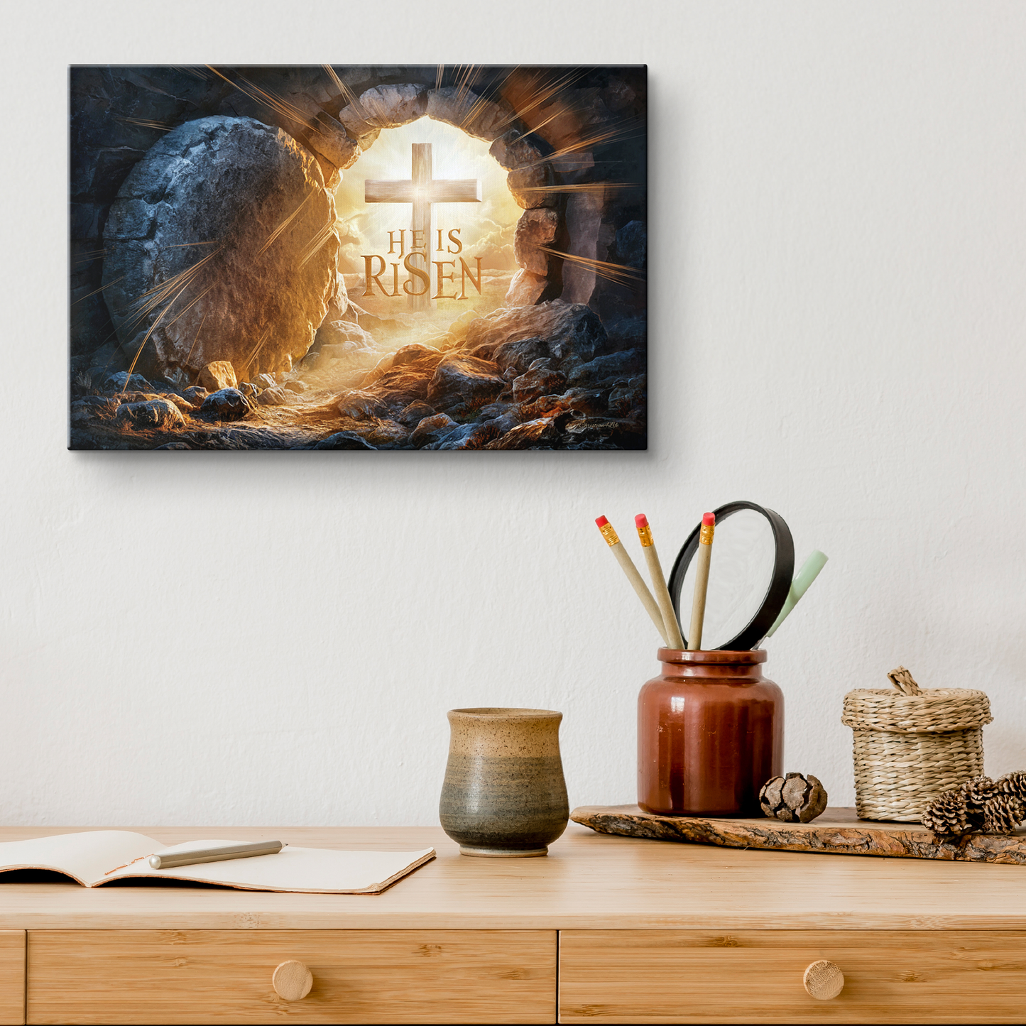 "He is Risen" -Open Tomb and Cross, Christian Gallery Wrapped Canvas, Easter Wall Art
