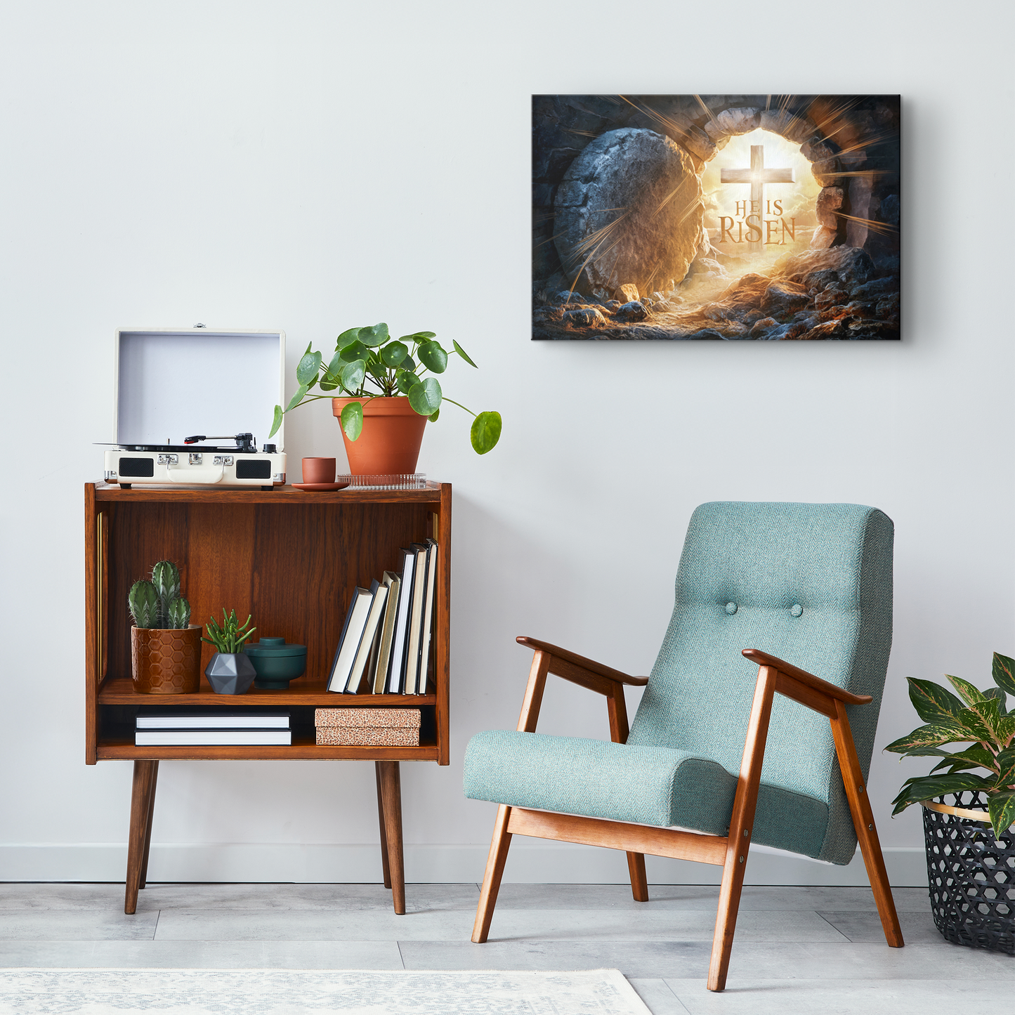 "He is Risen" -Open Tomb and Cross, Christian Gallery Wrapped Canvas, Easter Wall Art