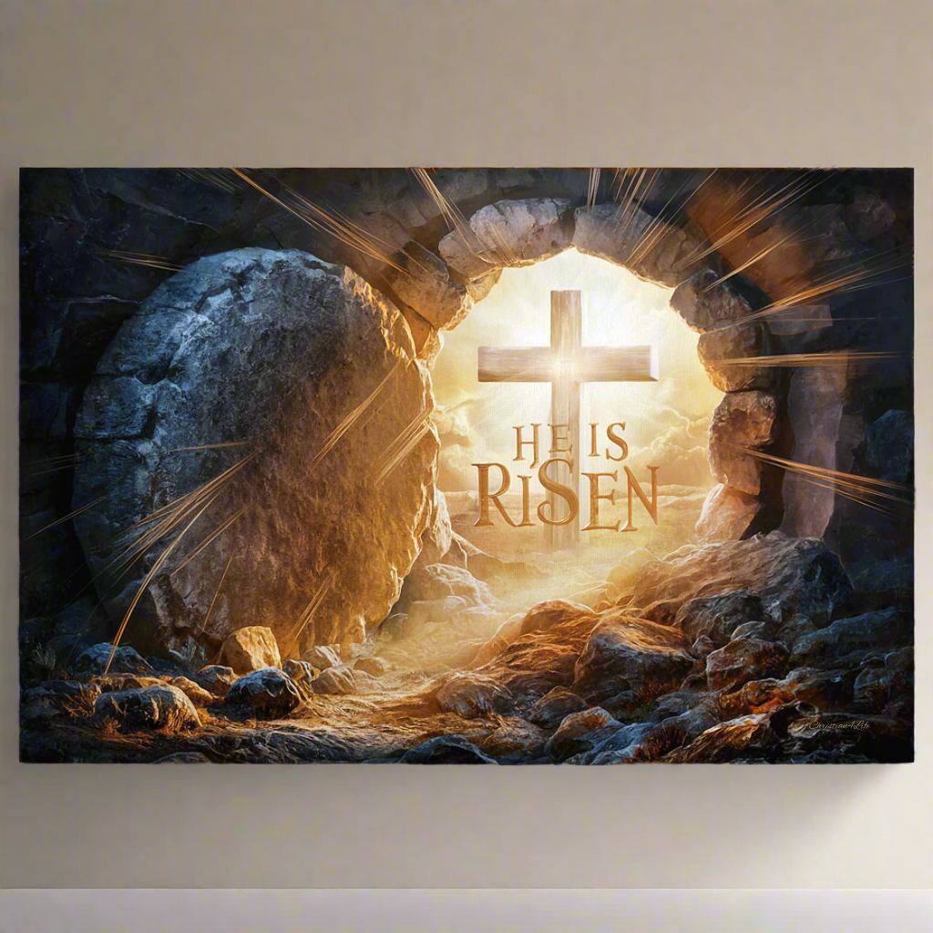 "He is Risen" -Open Tomb and Cross, Christian Gallery Wrapped Canvas, Easter Wall Art