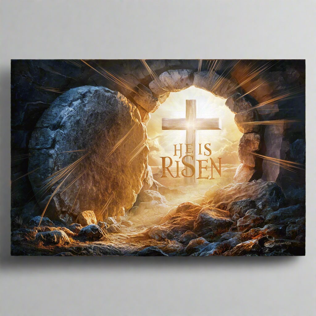 "He is Risen" -Open Tomb and Cross, Christian Gallery Wrapped Canvas, Easter Wall Art