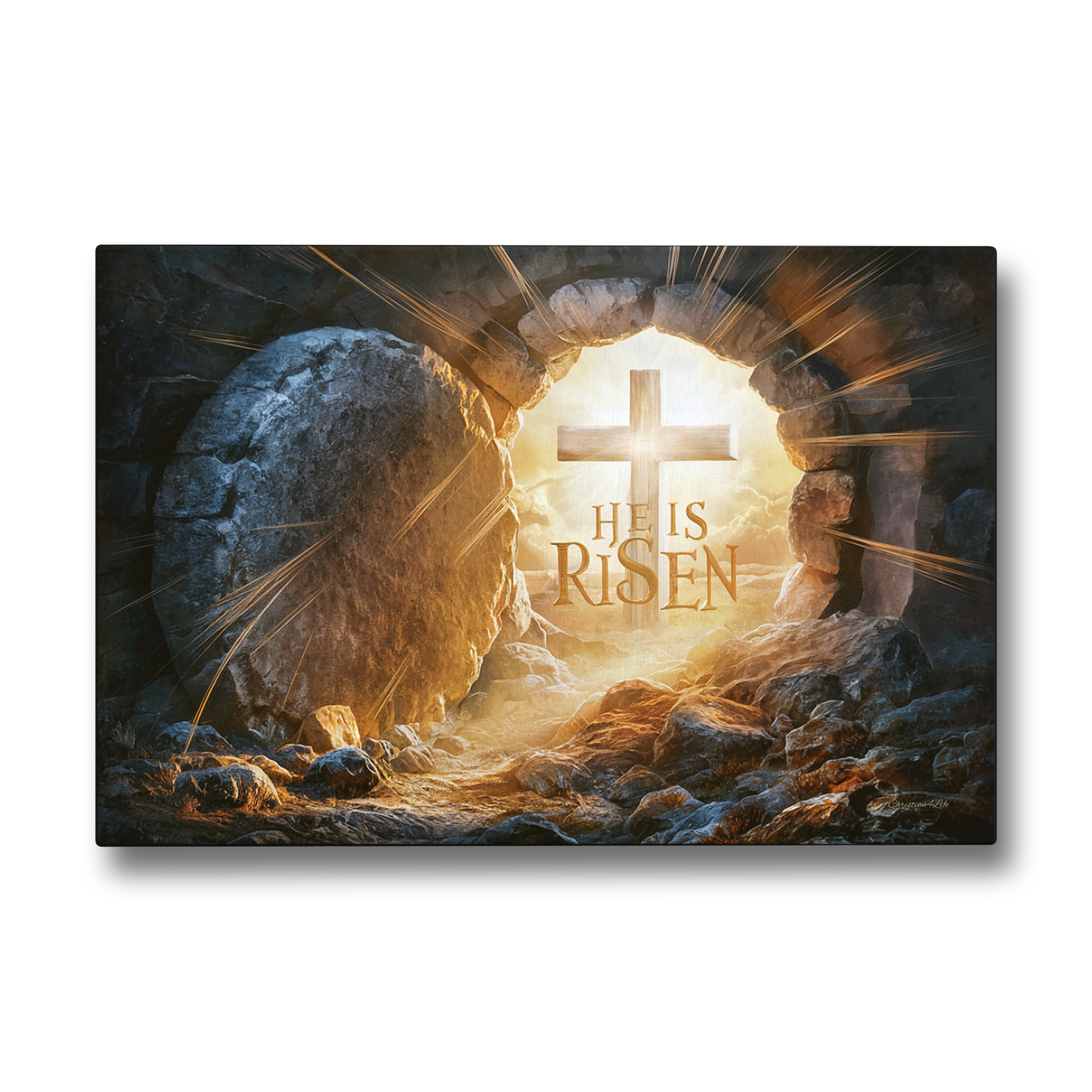 "He is Risen" -Open Tomb and Cross, Christian Gallery Wrapped Canvas, Easter Wall Art