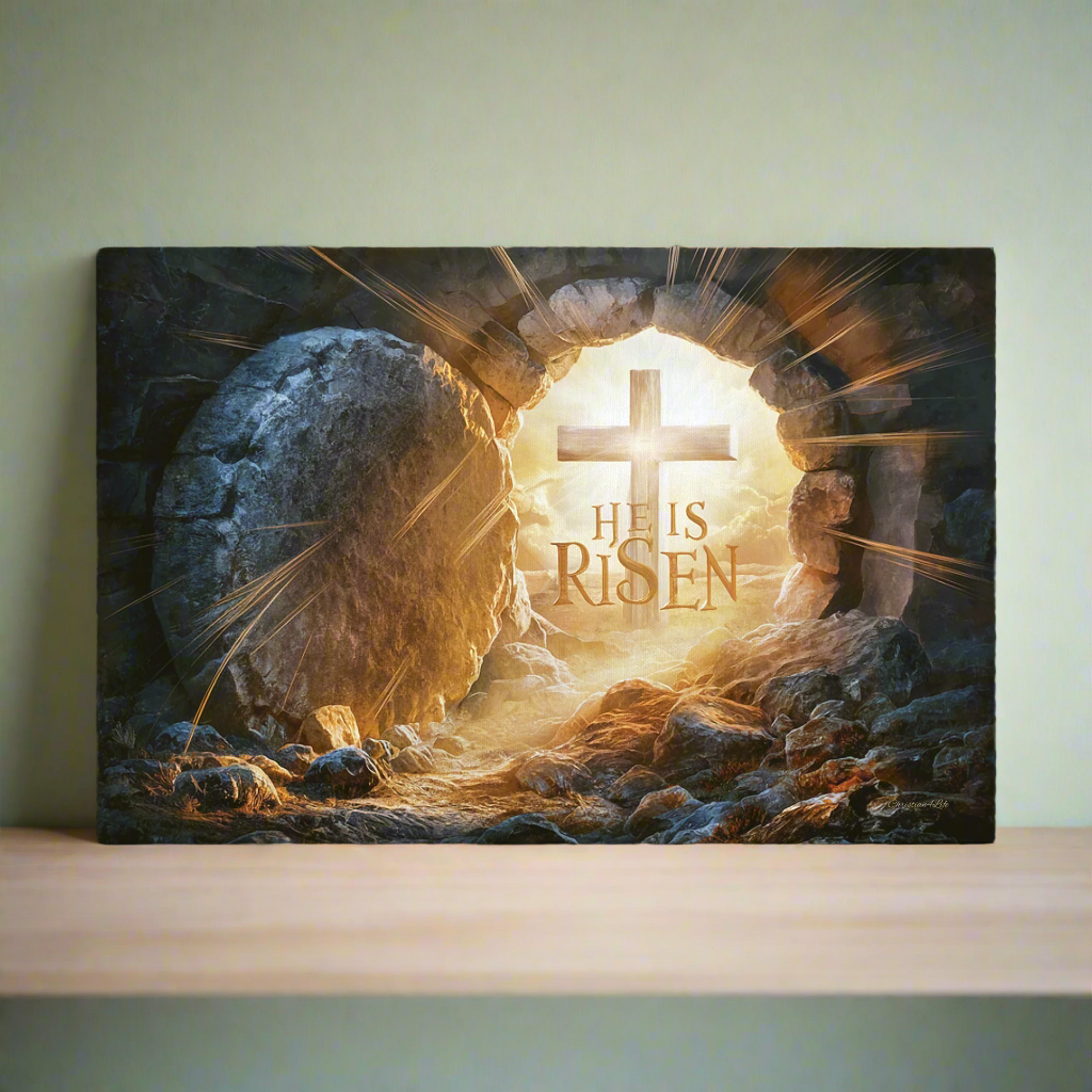 "He is Risen" -Open Tomb and Cross, Christian Gallery Wrapped Canvas, Easter Wall Art