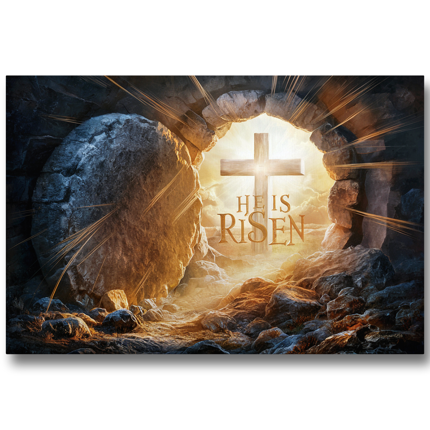 "He is Risen" -Open Tomb and Cross, Christian Gallery Wrapped Canvas, Easter Wall Art