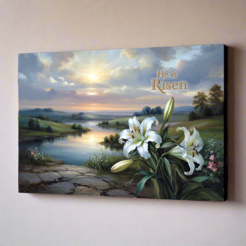 "He is Risen" - A serene sunrise landscape and lilies. Christian Easter wall art, Gallery wrapped Canvas Print