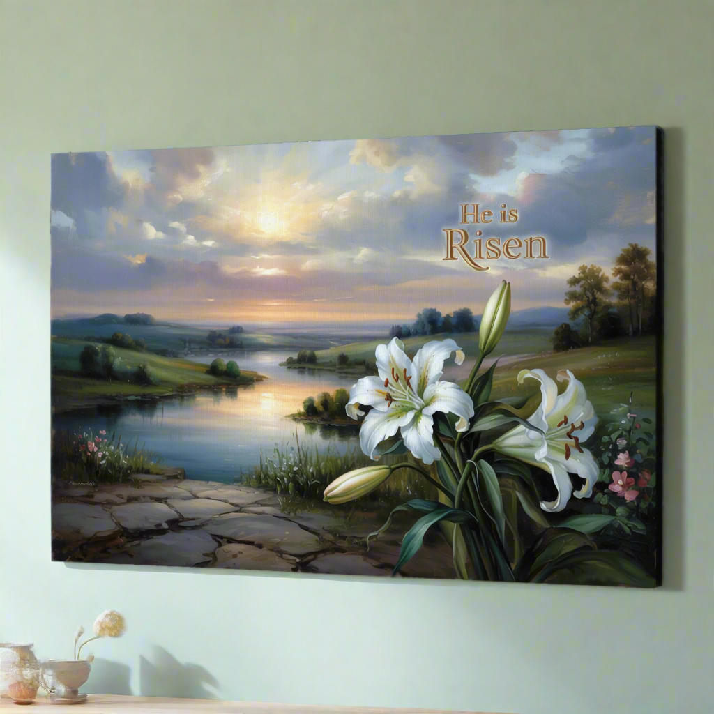 "He is Risen" - A serene sunrise landscape and lilies. Christian Easter wall art, Gallery wrapped Canvas Print