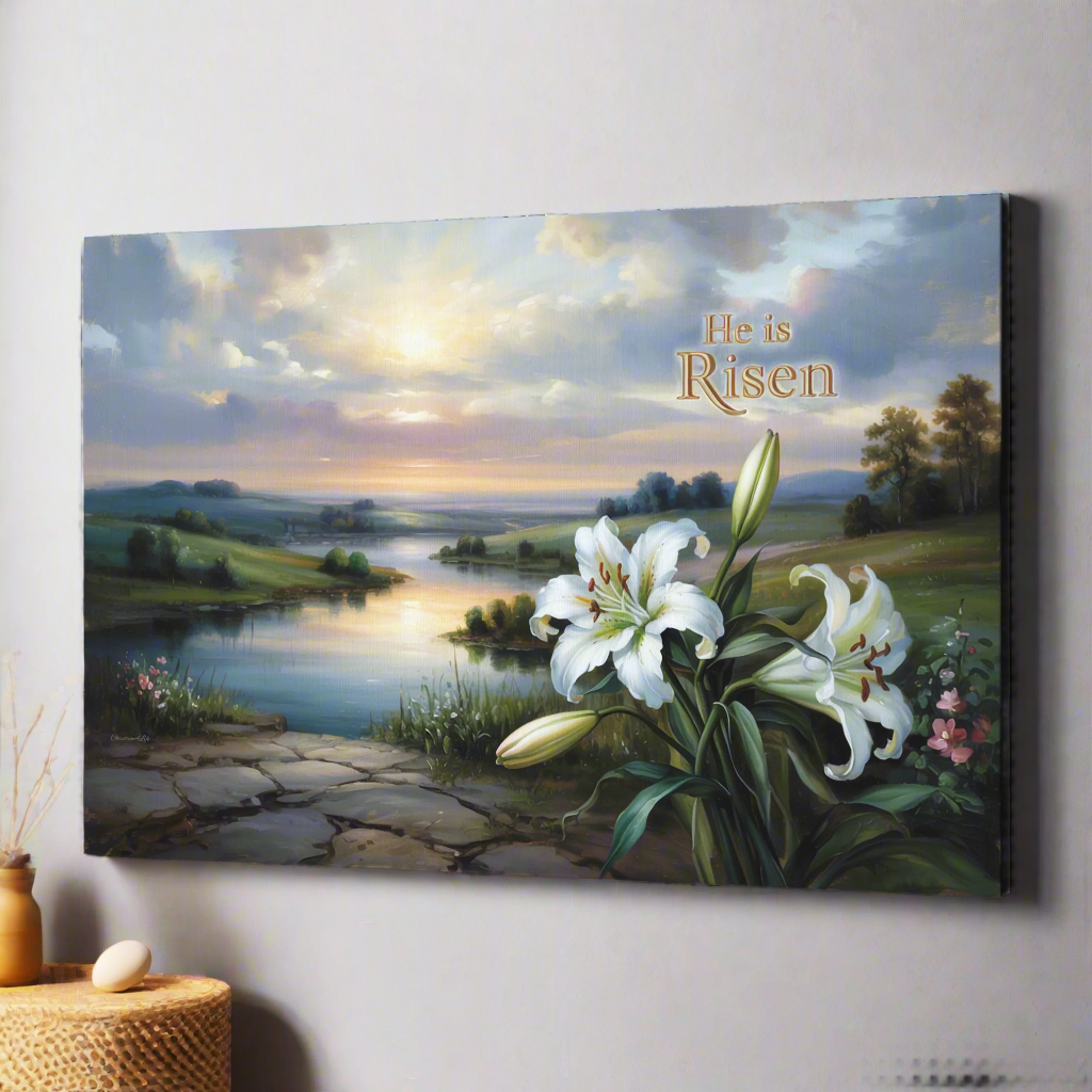 "He is Risen" - A serene sunrise landscape and lilies. Christian Easter wall art, Gallery wrapped Canvas Print