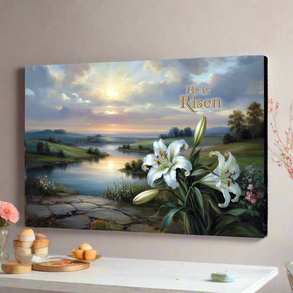 "He is Risen" - A serene sunrise landscape and lilies. Christian Easter wall art, Gallery wrapped Canvas Print