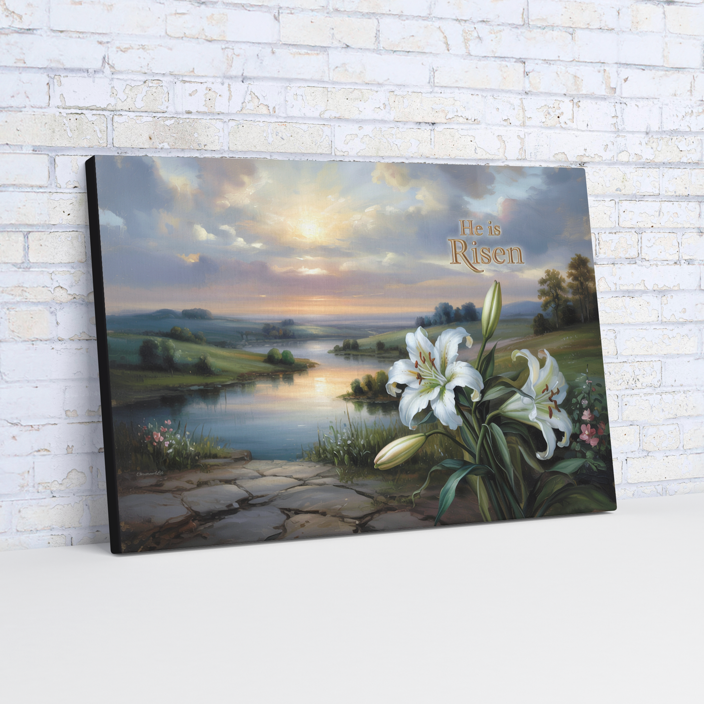 "He is Risen" - A serene sunrise landscape and lilies. Christian Easter wall art, Gallery wrapped Canvas Print