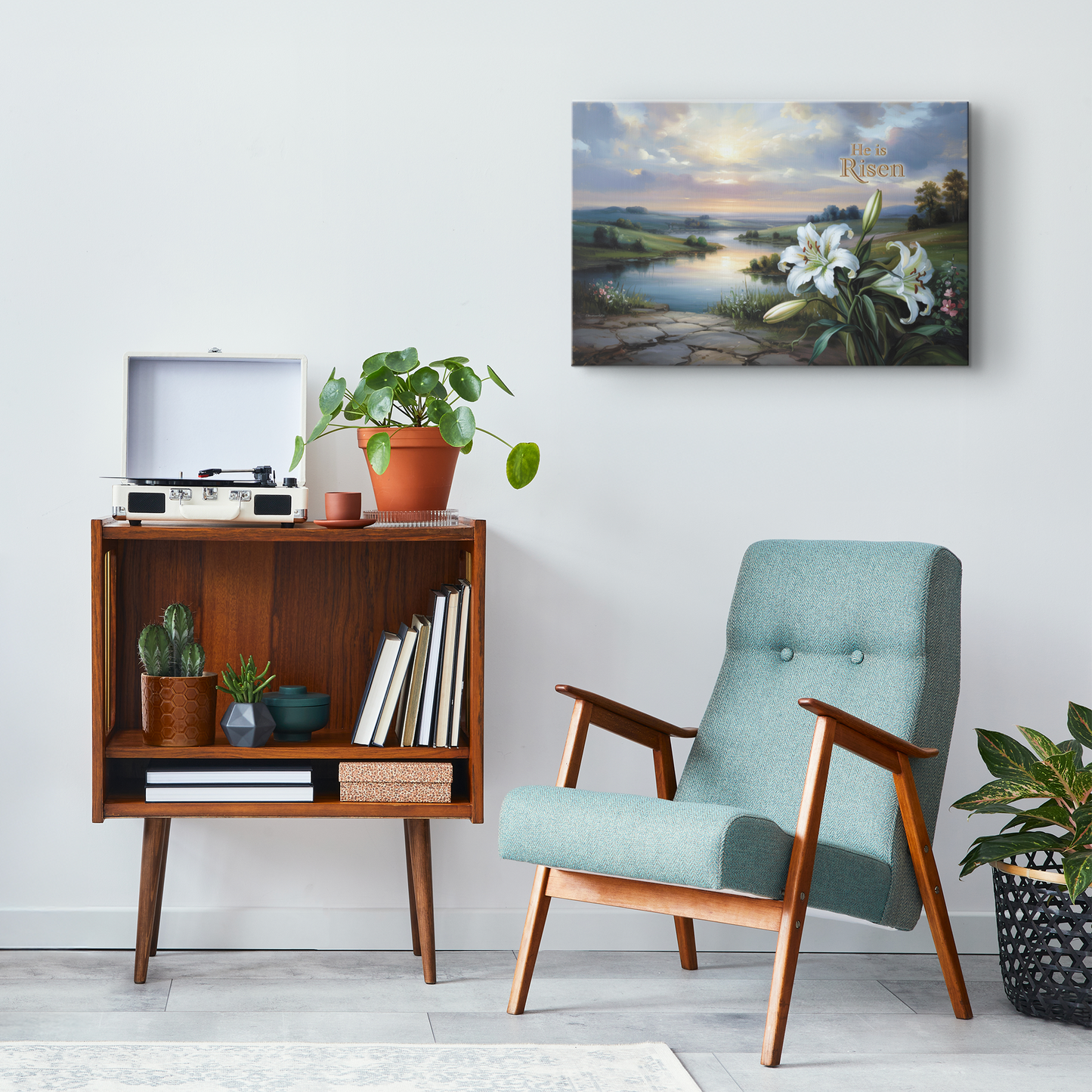 "He is Risen" - A serene sunrise landscape and lilies. Christian Easter wall art, Gallery wrapped Canvas Print