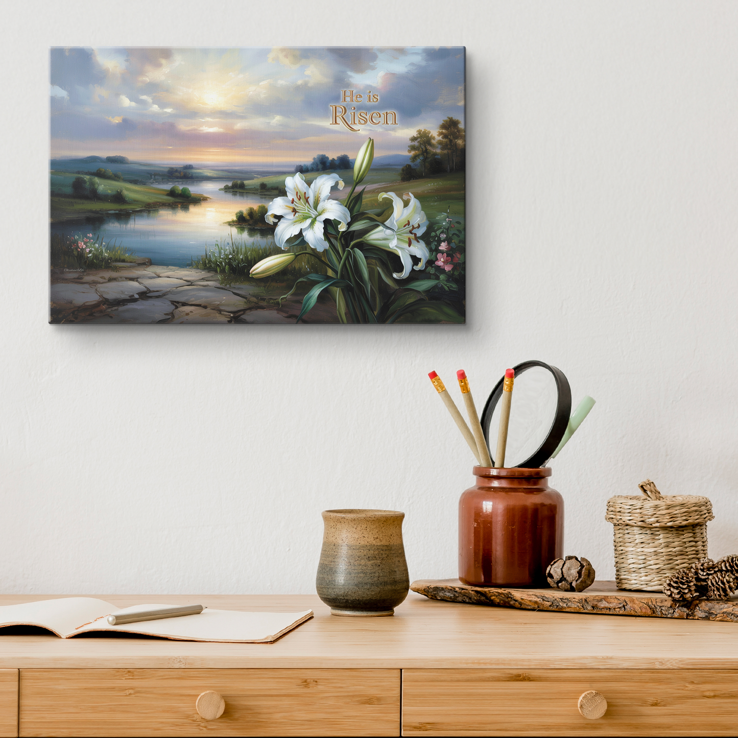 "He is Risen" - A serene sunrise landscape and lilies. Christian Easter wall art, Gallery wrapped Canvas Print