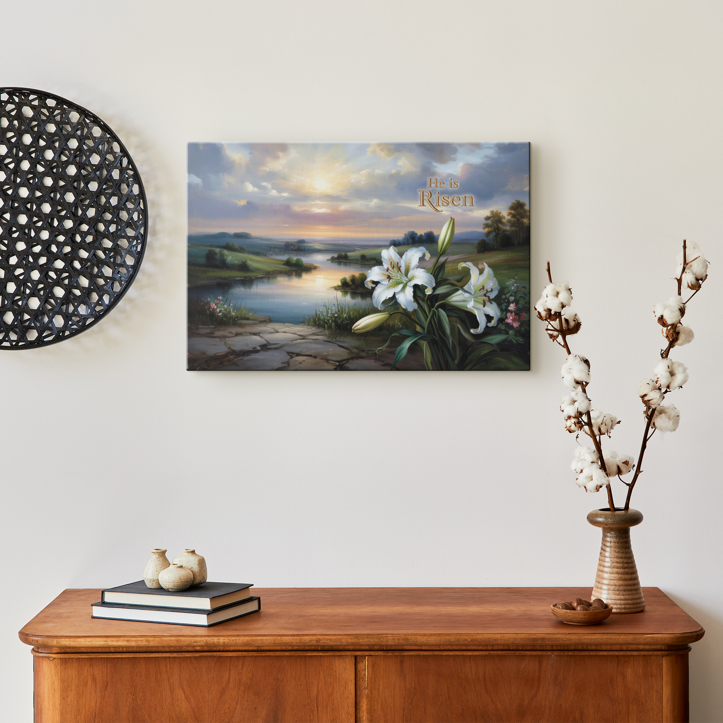 "He is Risen" - A serene sunrise landscape and lilies. Christian Easter wall art, Gallery wrapped Canvas Print