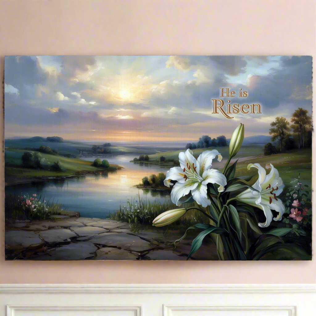 "He is Risen" - A serene sunrise landscape and lilies. Christian Easter wall art, Gallery wrapped Canvas Print