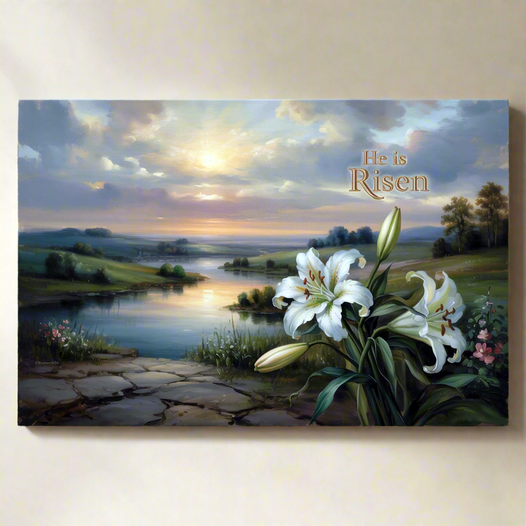"He is Risen" - A serene sunrise landscape and lilies. Christian Easter wall art, Gallery wrapped Canvas Print
