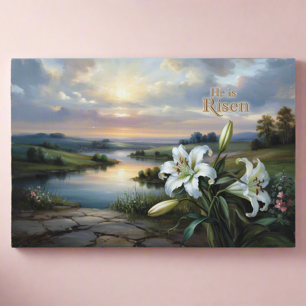 "He is Risen" - A serene sunrise landscape and lilies. Christian Easter wall art, Gallery wrapped Canvas Print