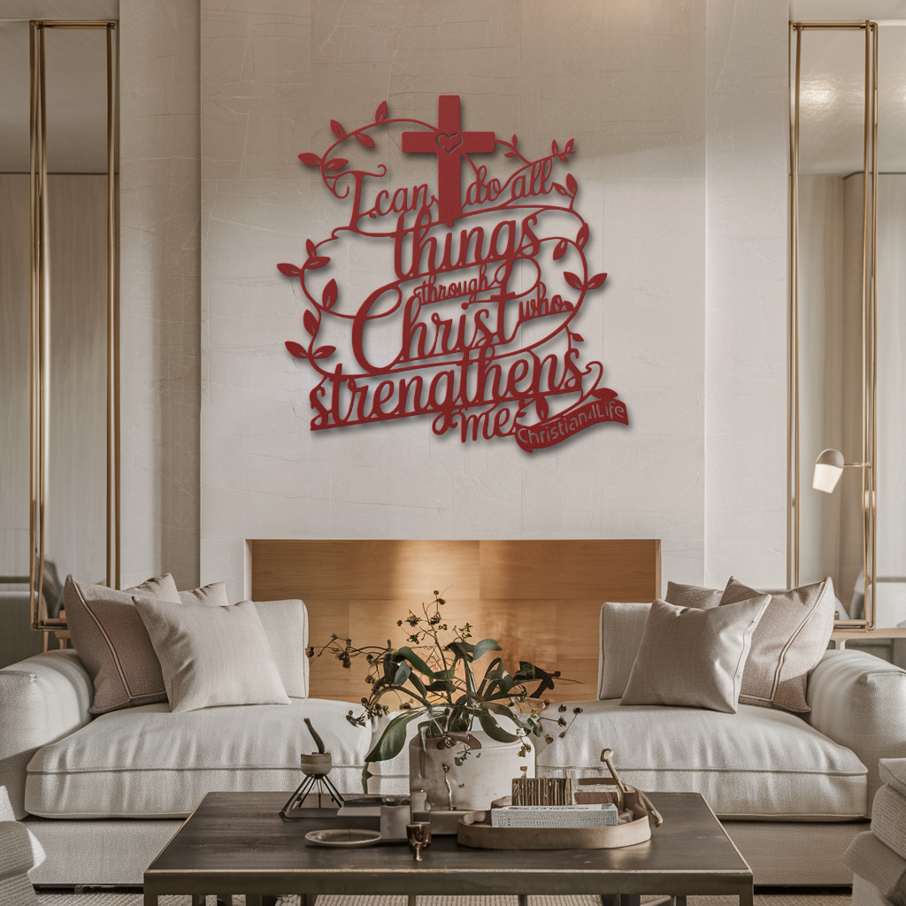 "I can do all things through Christ who strengthens me" Christian die-cut metal sign-(traced Heart)-red or silver